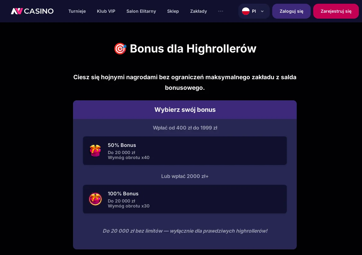 NV Casino: 🎯 Bonus dla Highrollerów